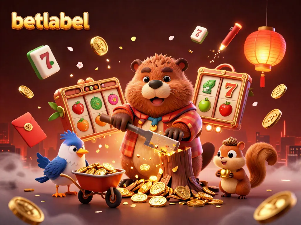 Experience exciting gaming at betlabel with a vibrant scene featuring a beaver and gold-filled tree.