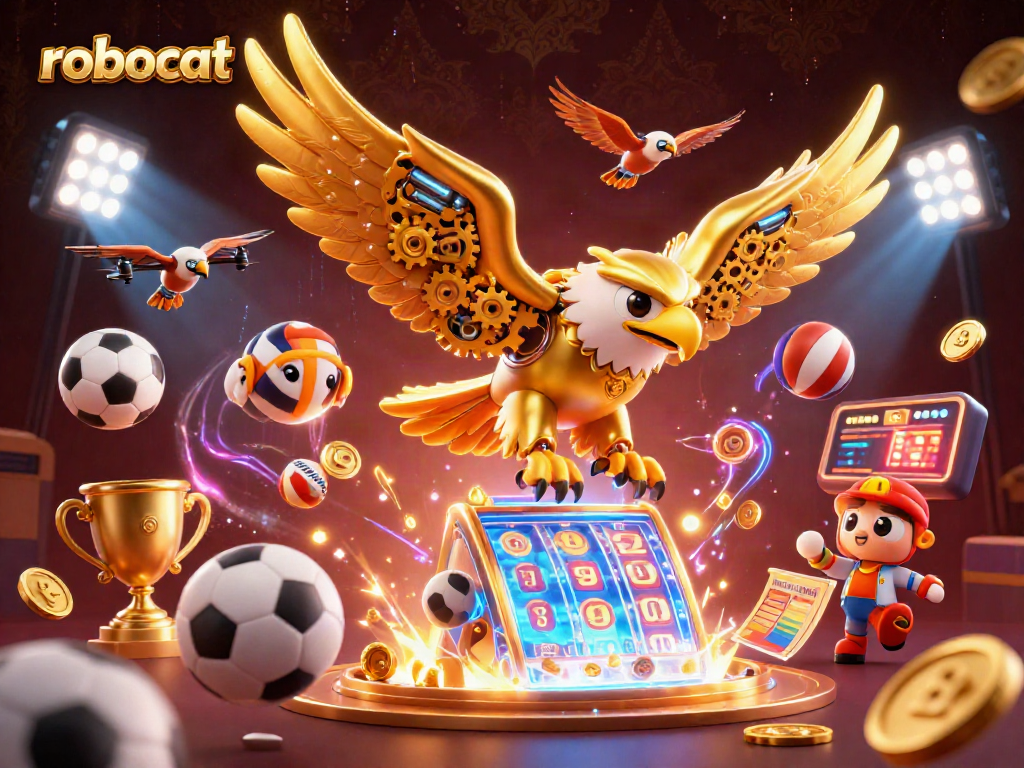 Experience the excitement of robocat casino games with this vibrant, dynamic 3D illustration featuring casino elements.
