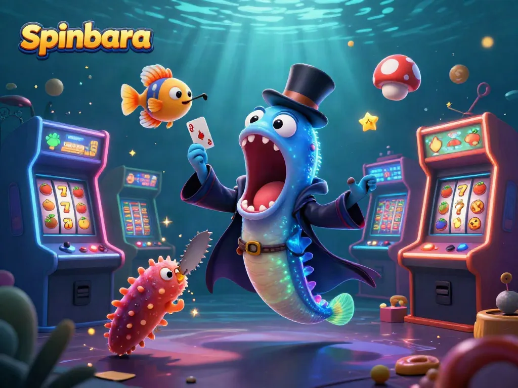 Spinbara casino scene featuring a bioluminescent eel performing card tricks among colorful gaming elements, emphasizing entertainment.