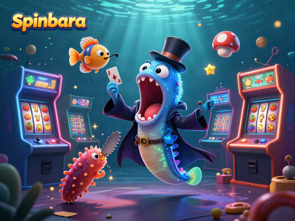 Spinbara casino scene featuring a bioluminescent eel performing card tricks among colorful gaming elements, emphasizing entertainment.