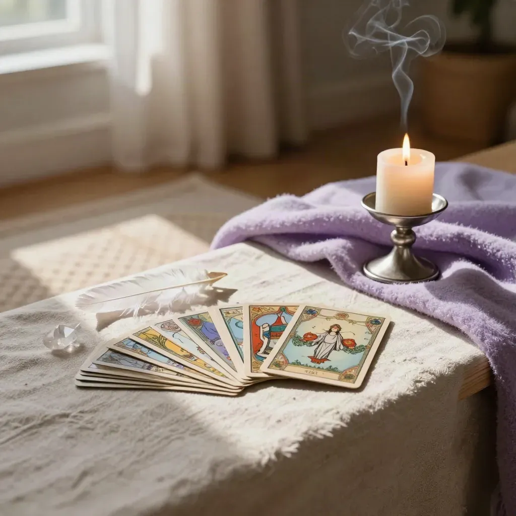 Mesa ritual de lectura de ángeles con cartas, vela, pluma blanca y cuarzo en un rincón cálido.