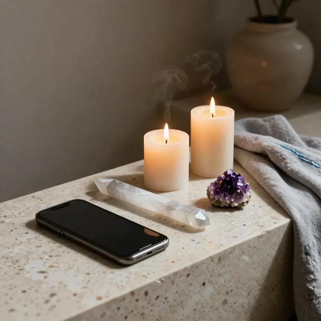 Altar remoto de reiki con móvil boca abajo, velas crema, selenita, amatista y manta doblada.