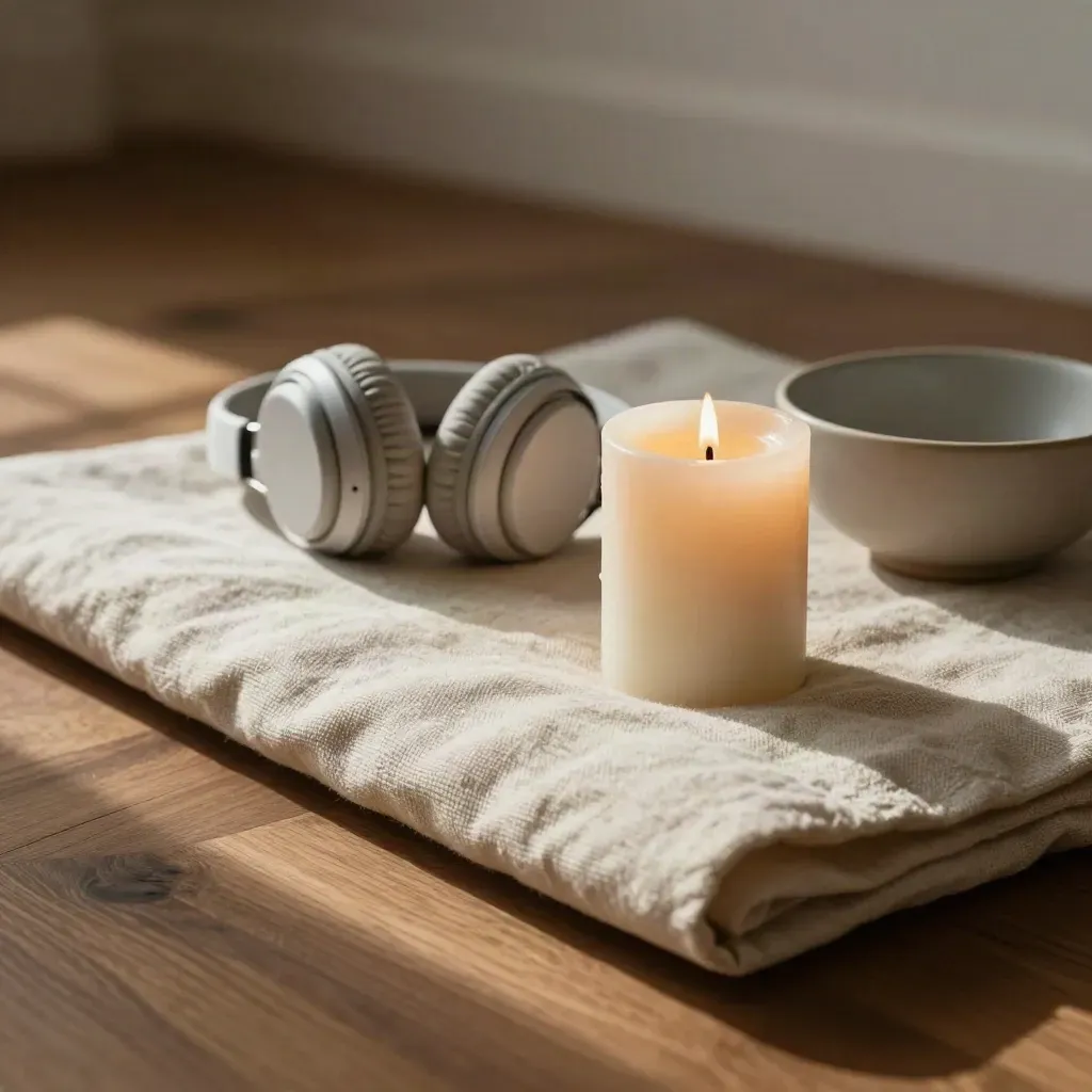 Cojín de meditación, esterilla enrollada, auriculares de tela, vela apagada y cuenco sobre suelo de madera.