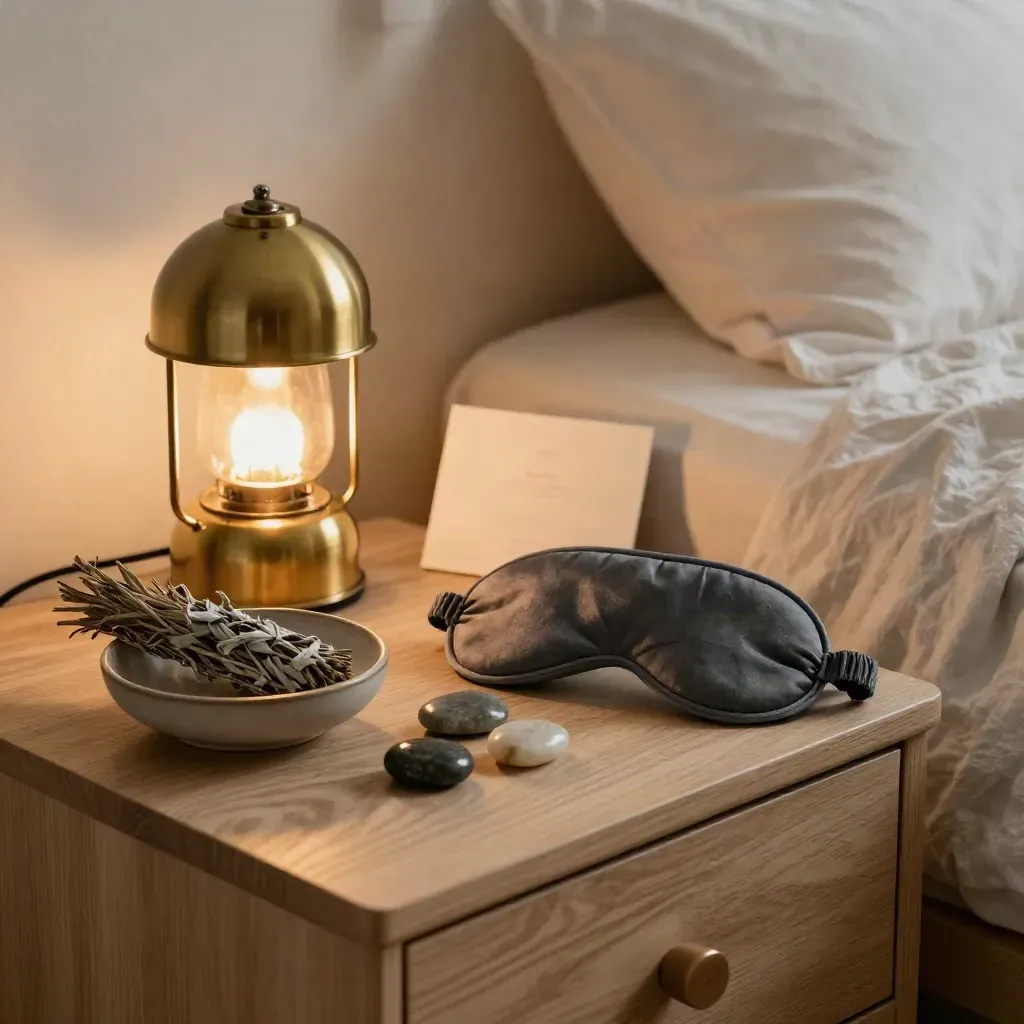 Mesita de noche con lámpara cálida, salvia seca, cuenco, antifaz y piedras junto a una cama serena.