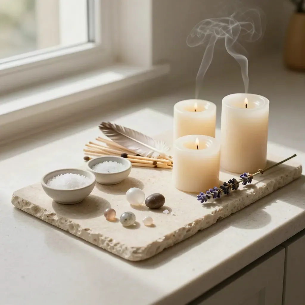 Kit ritual ángel abierto con velas, sales, pluma y piedras sobre piedra mate.