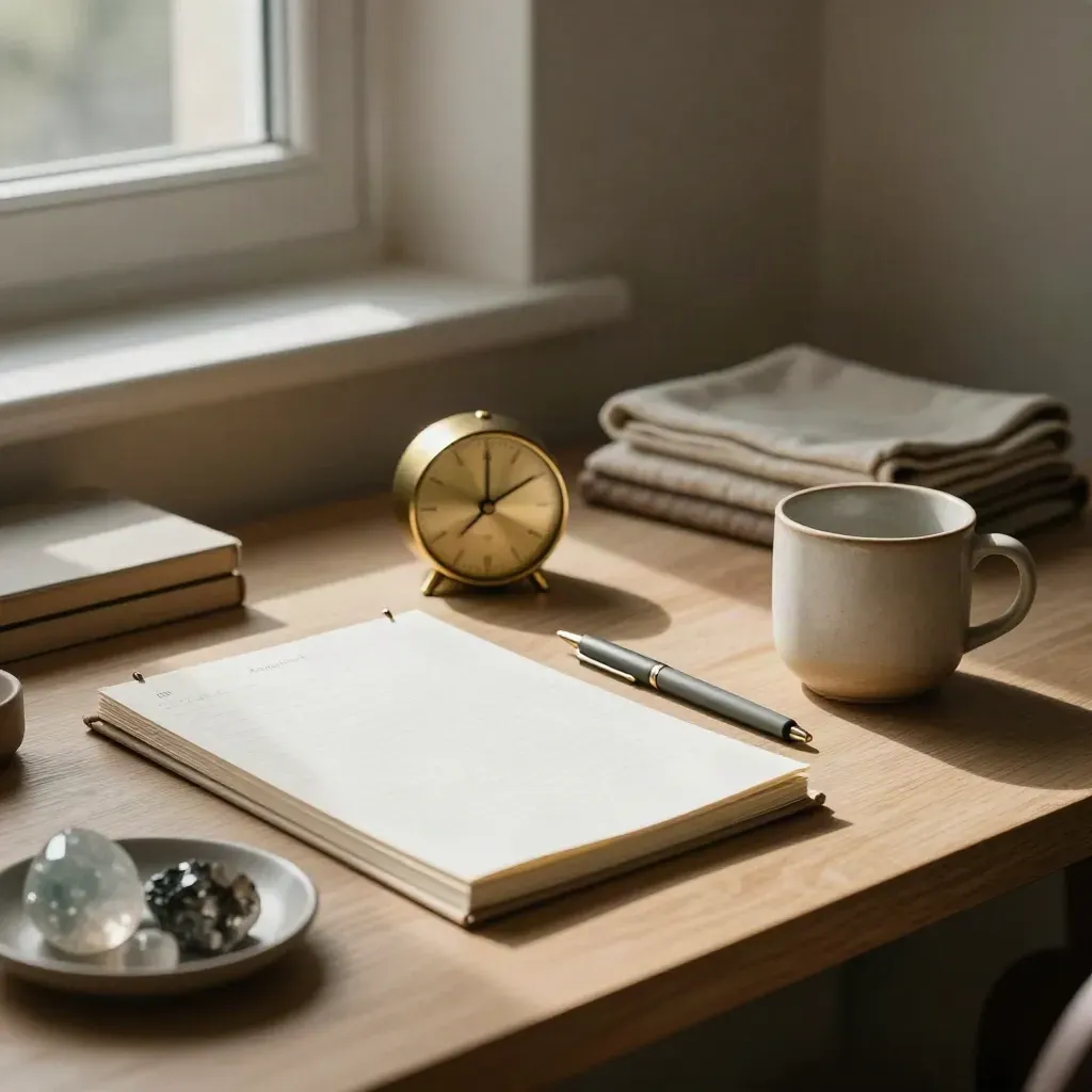 Escritorio ordenado con agenda cerrada, temporizador de latón, piedras pulidas y taza neutra junto a una ventana.