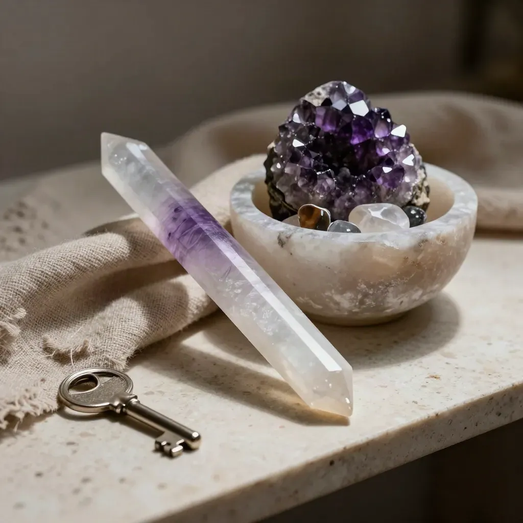 Varilla y cuenco de selenita con amatista y piedras de energía sobre lino natural.