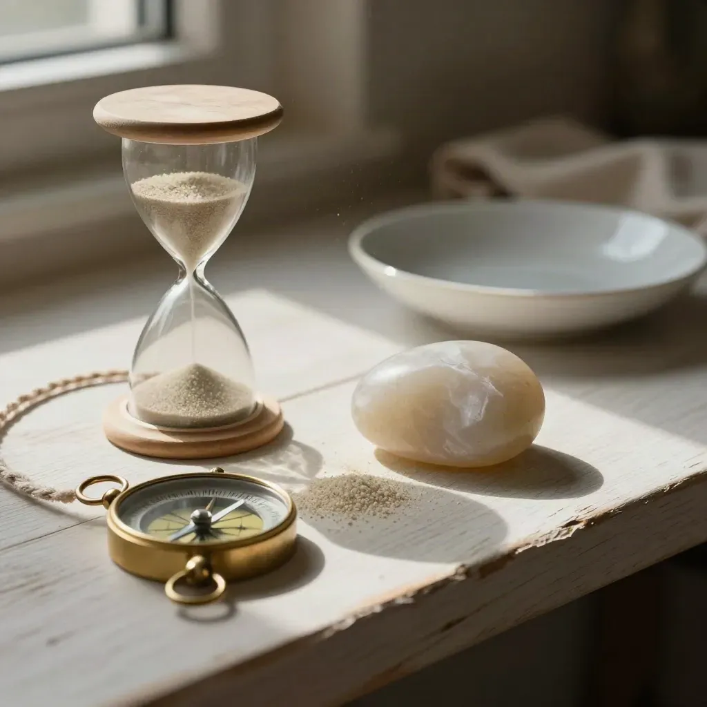 Brújula de latón, reloj de arena y piedra pulida sobre madera clara.