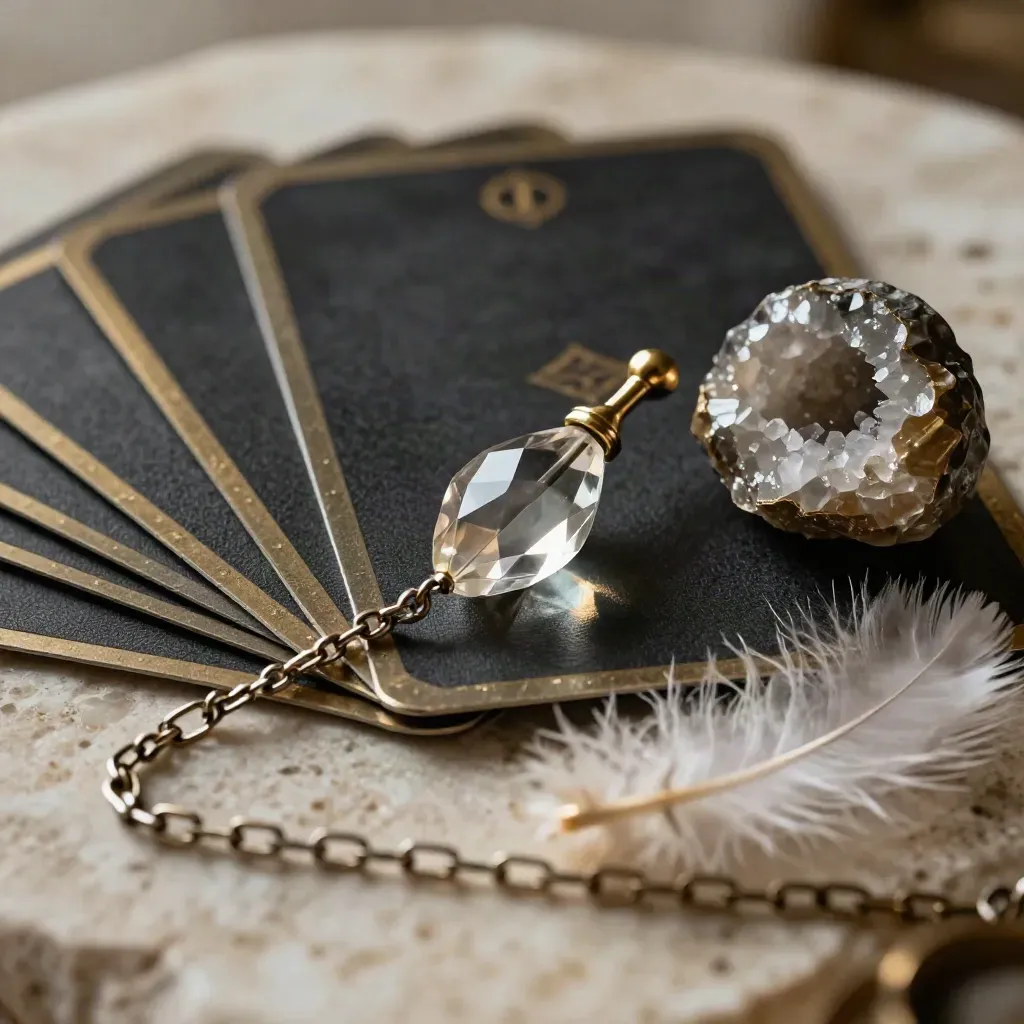 Baraja de oráculo, péndulo de cristal, pluma blanca y geoda sobre lino oscuro.