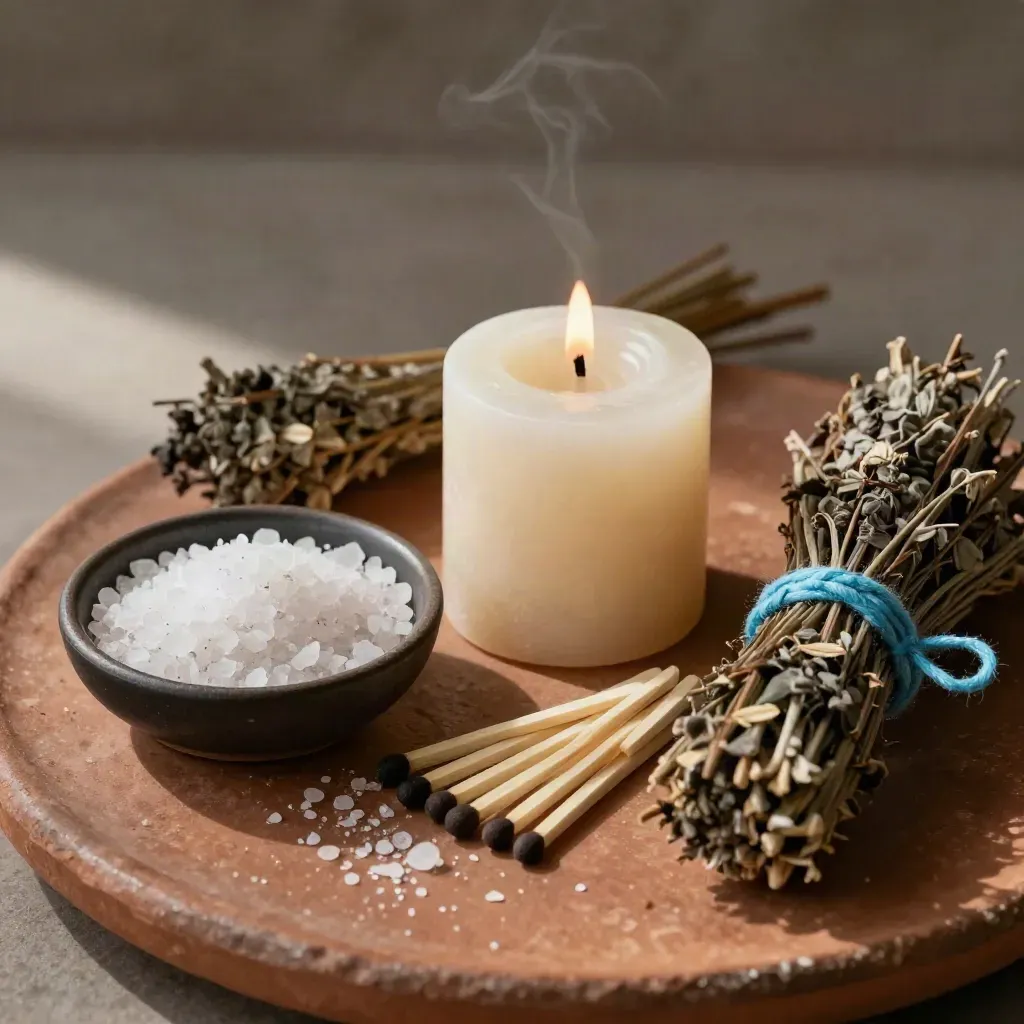 Kit ritual con vela crema, sal marina, fósforos, ramillete seco y cuenco oscuro sobre terracota.