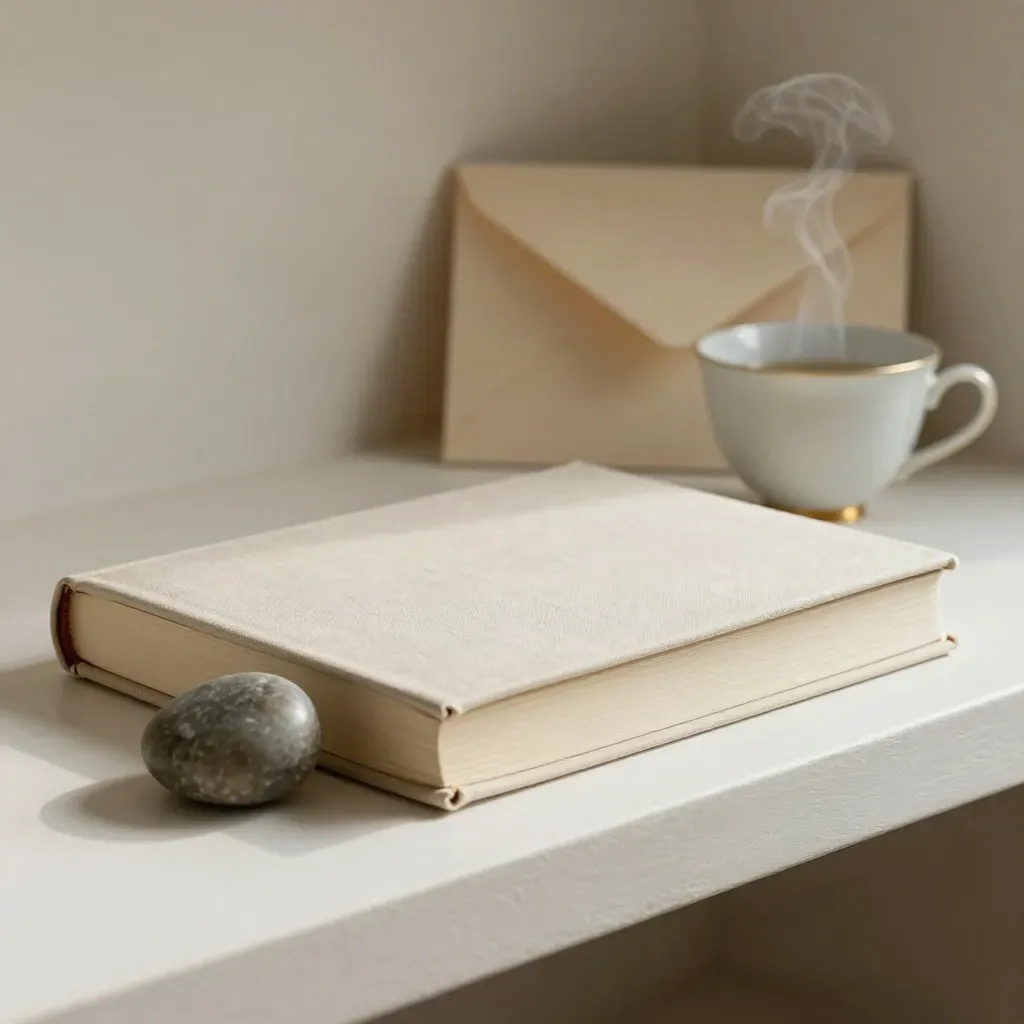 Cuaderno cerrado, piedra de preocupación, taza de té y sobre sellado sobre yeso claro.
