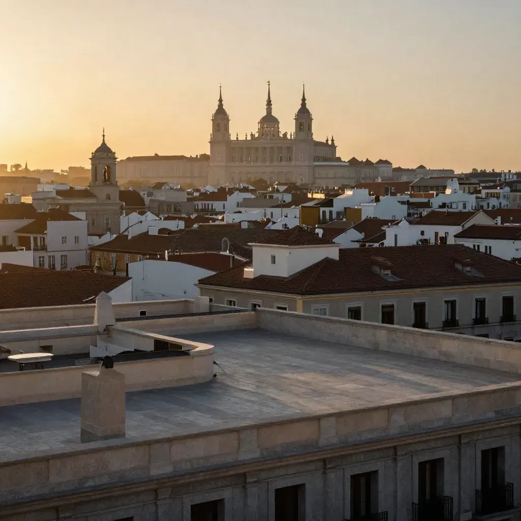 Madrid al amanecer, vista elevada con tejados antiguos y bruma suave bajo una luz dorada.