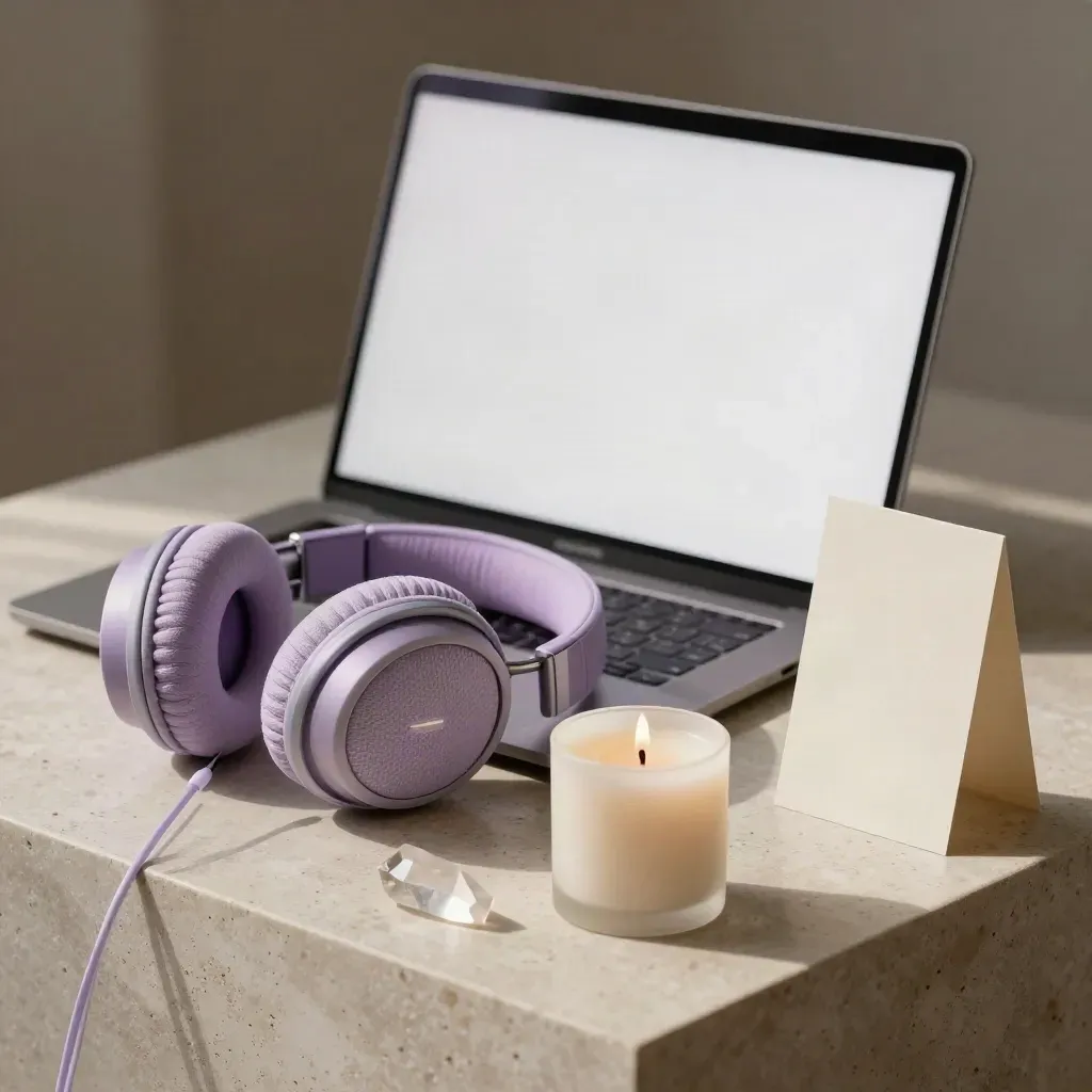 Portátil abierto, auriculares textiles, vela y cuarzo sobre travertino, con brillo suave de videollamada.