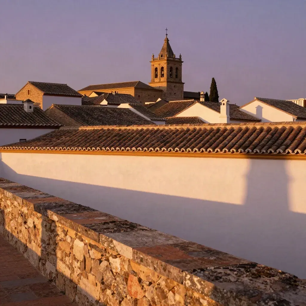 Andalucía con tejados de teja, muros encalados y una torre histórica en luz dorada.