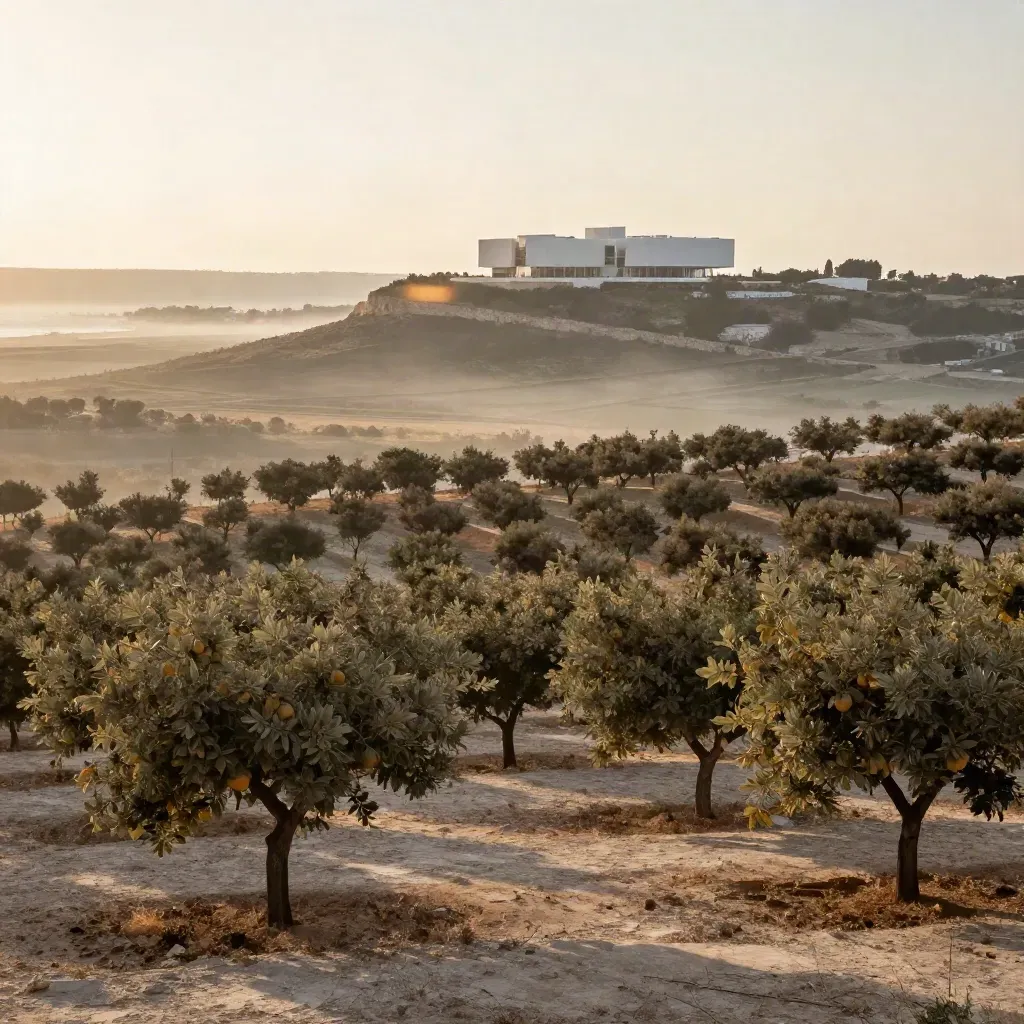 Vista amplia de naranjos y arquitectura contemporánea valenciana emergiendo entre bruma cálida al amanecer.