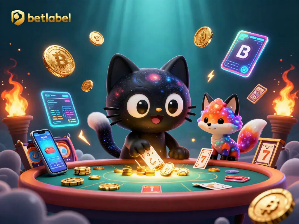 Engage with betlabel's cosmic casino featuring a black hole cat and nebula fox, surrounded by vibrant gaming elements.