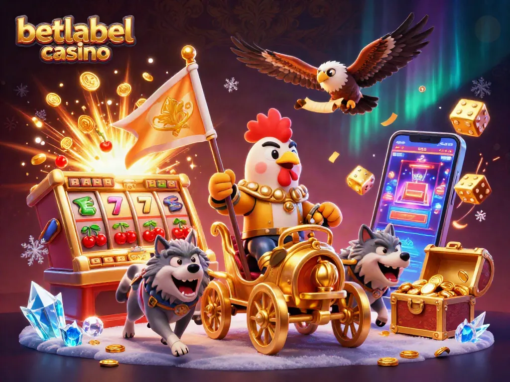 Join the excitement at betlabel casino with a dynamic scene of winning slots and thrilling characters.
